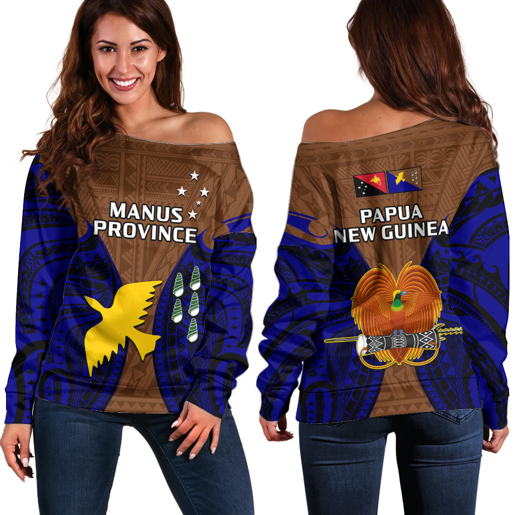 Papua New Guinea Off Shoulder Sweater Manus Province Mix Coat Of Arms Polynesian Art - Wonder Print Shop