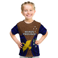 Kids t-shirt in brown and blue with MANUS PROVINCE text and star crest artwork