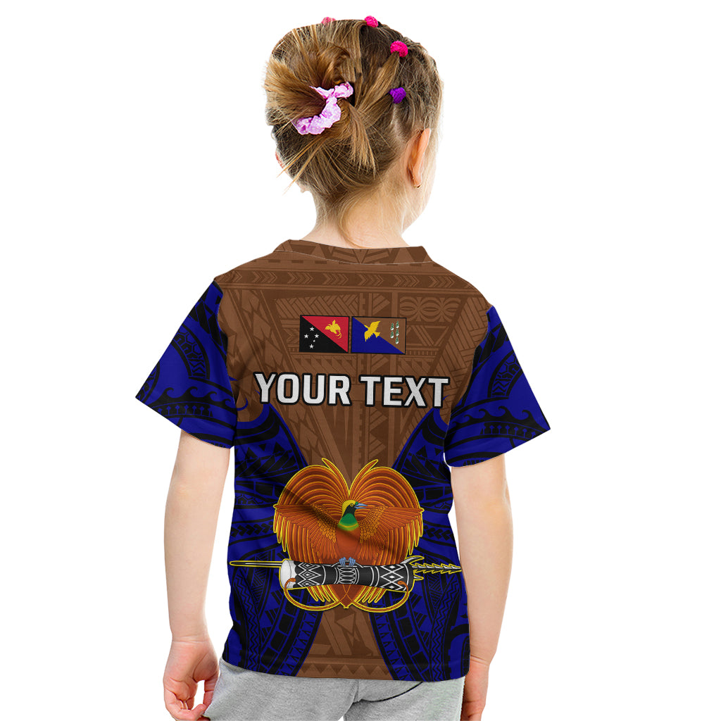 Kids t-shirt back in brown and blue with YOUR TEXT and crest flag artwork