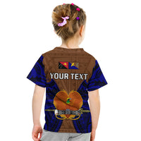 Kids t-shirt back in brown and blue with YOUR TEXT and crest flag artwork