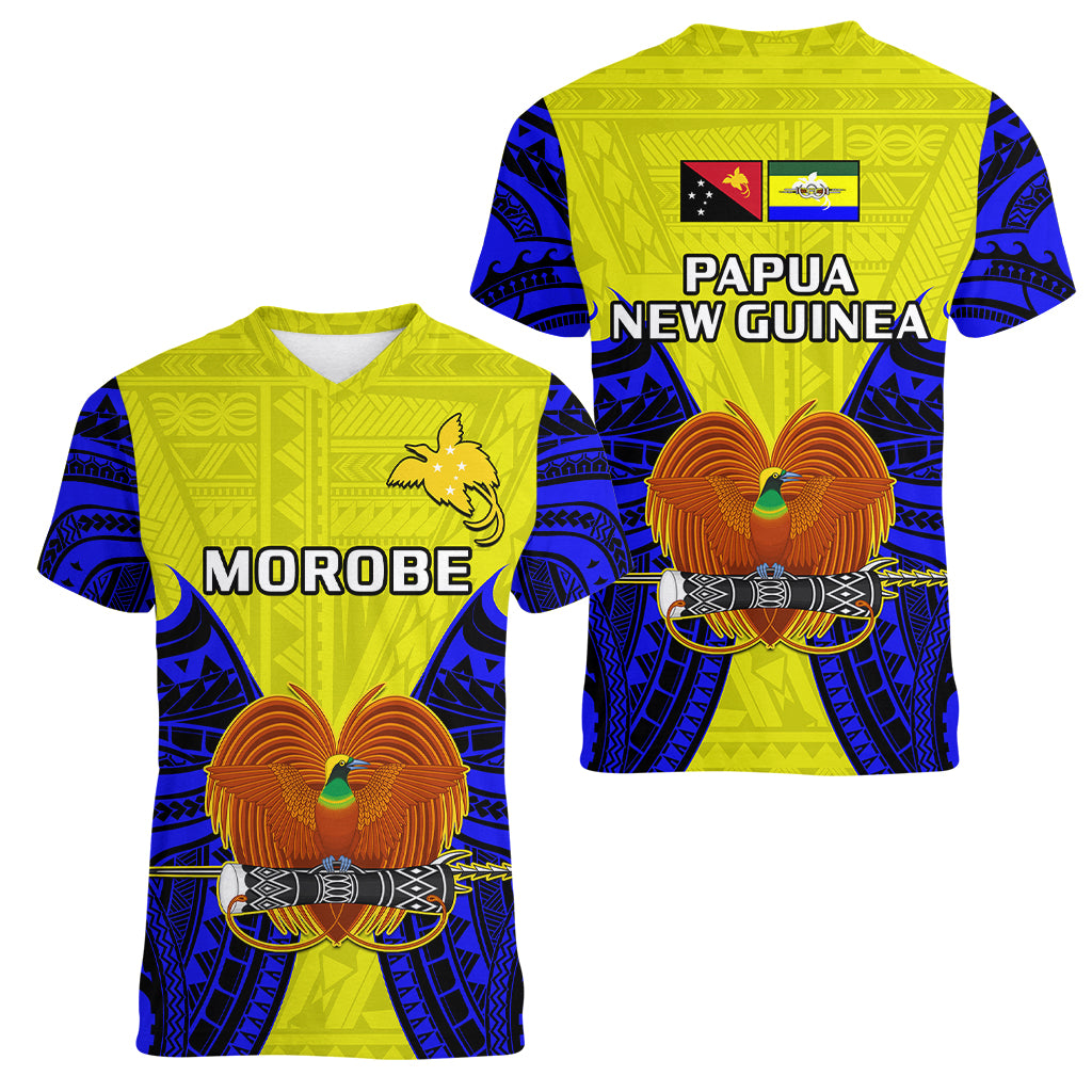 Papua New Guinea Women V Neck T Shirt Morobe Province Mix Coat Of Arms Polynesian Art - Wonder Print Shop