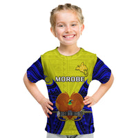 Kids graphic T-shirt, green and blue with Morobe emblem and chest print