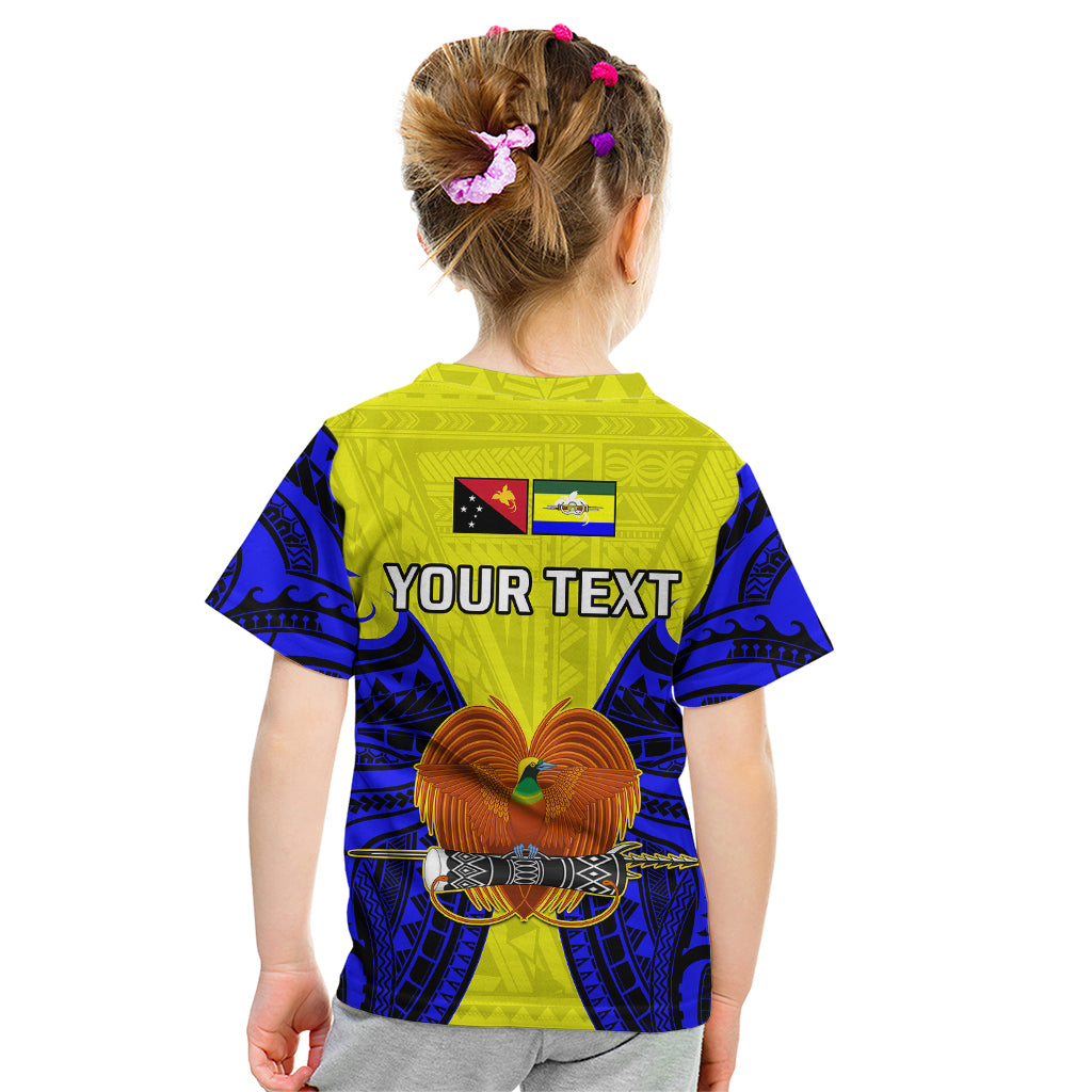 Kids graphic T-shirt, green and blue back with flag patch and customizable text