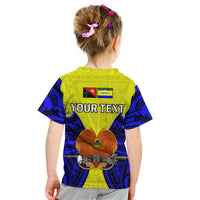 Kids graphic T-shirt, green and blue back with flag patch and customizable text