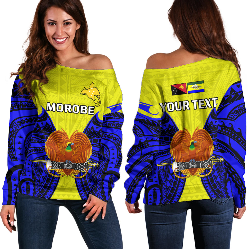 (Custom Personalised) Papua New Guinea Off Shoulder Sweater Morobe Province Mix Coat Of Arms Polynesian Art - Wonder Print Shop
