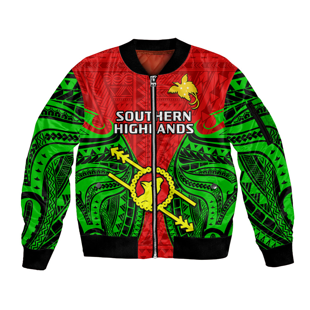 Papua New Guinea Sleeve Zip Bomber Jacket Southern Highlands Province Mix Coat Of Arms Polynesian Art - Wonder Print Shop