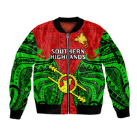 Papua New Guinea Sleeve Zip Bomber Jacket Southern Highlands Province Mix Coat Of Arms Polynesian Art - Wonder Print Shop