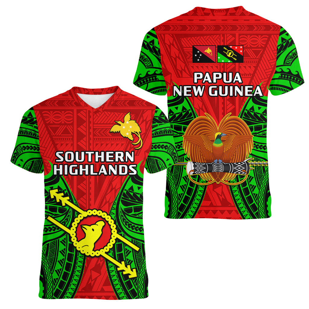 Papua New Guinea Women V Neck T Shirt Southern Highlands Province Mix Coat Of Arms Polynesian Art - Wonder Print Shop