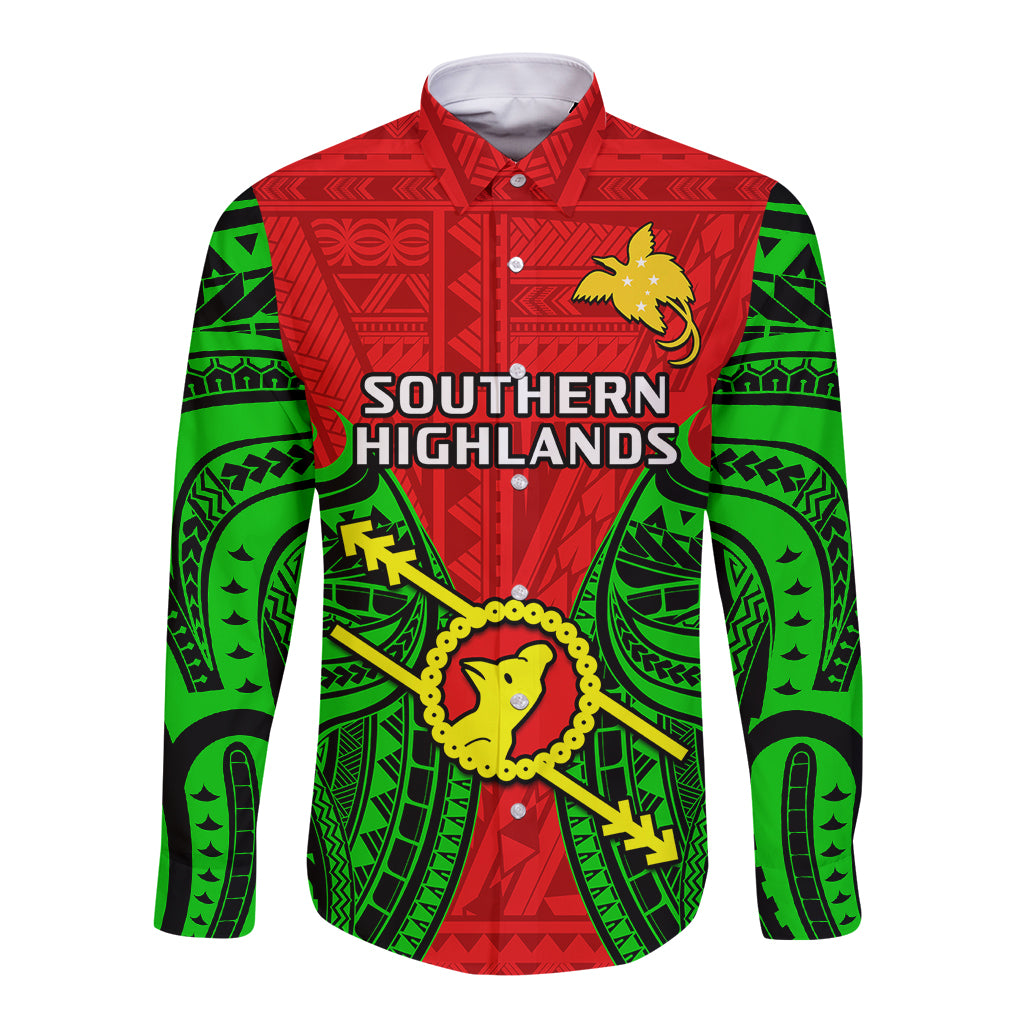 (Custom Personalised) Papua New Guinea Long Sleeve Button Shirt Southern Highlands Province Mix Coat Of Arms Polynesian Art - Wonder Print Shop