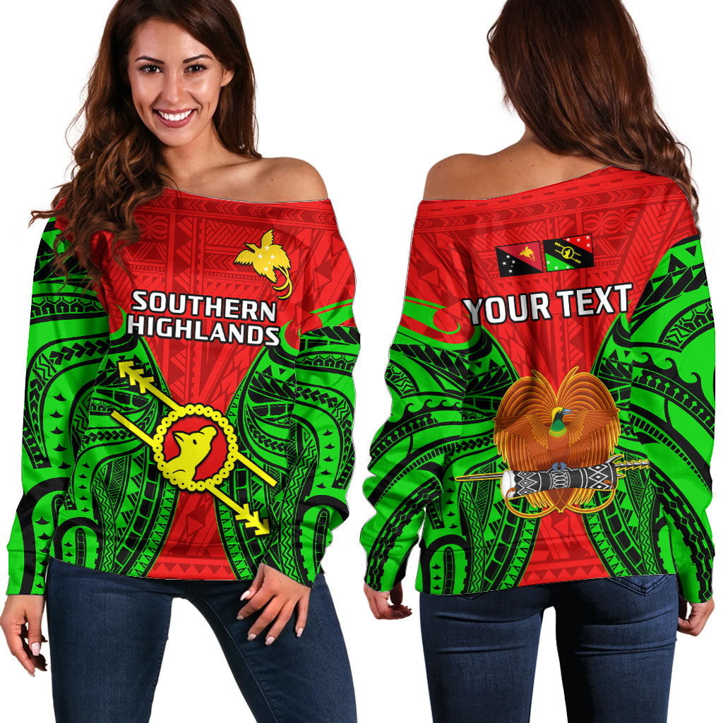 (Custom Personalised) Papua New Guinea Off Shoulder Sweater Southern Highlands Province Mix Coat Of Arms Polynesian Art - Wonder Print Shop