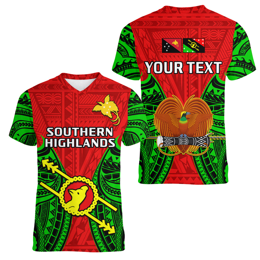 (Custom Personalised) Papua New Guinea Women V Neck T Shirt Southern Highlands Province Mix Coat Of Arms Polynesian Art - Wonder Print Shop