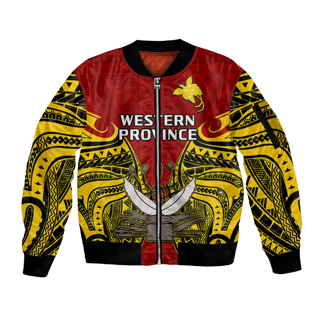 Papua New Guinea Sleeve Zip Bomber Jacket Western Province Mix Coat Of Arms Polynesian Art - Wonder Print Shop