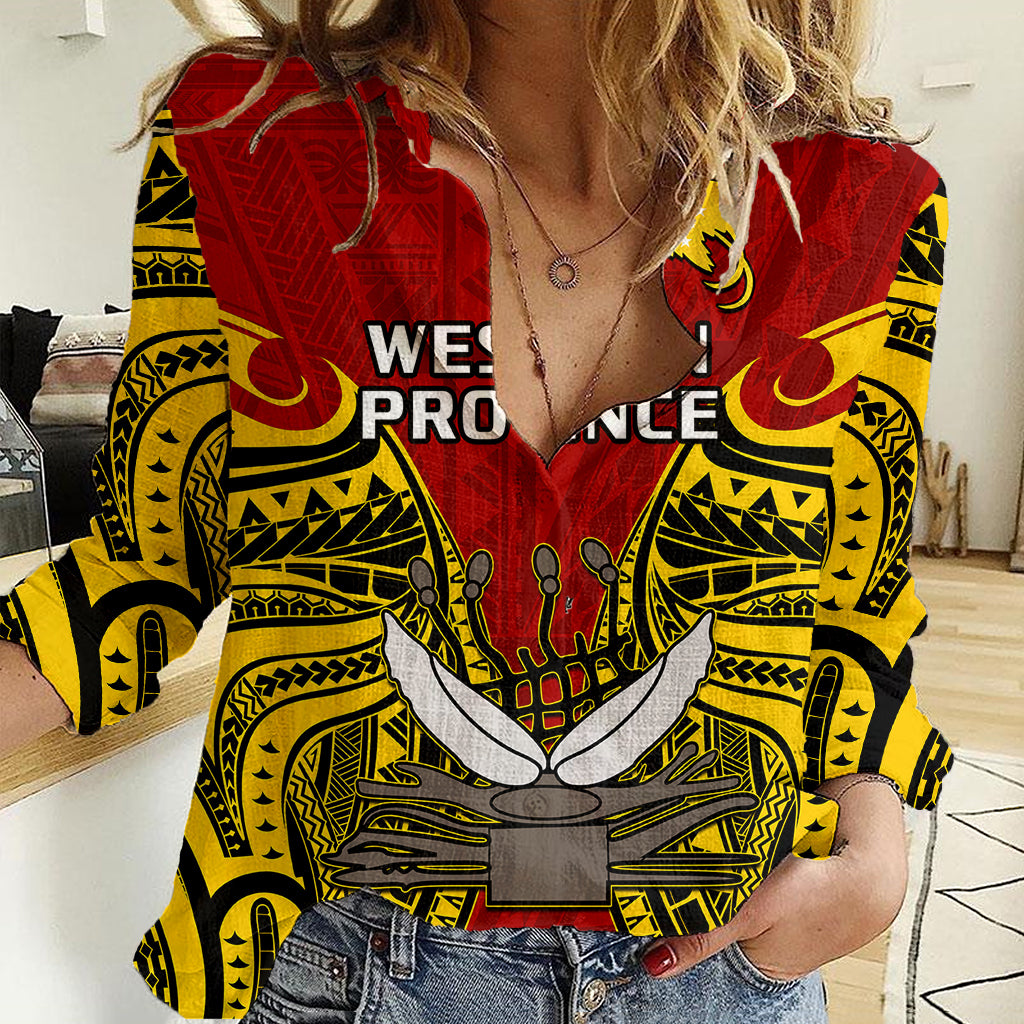 Papua New Guinea Women Casual Shirt Western Province Mix Coat Of Arms Polynesian Art - Wonder Print Shop