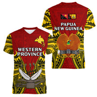 Papua New Guinea Women V Neck T Shirt Western Province Mix Coat Of Arms Polynesian Art - Wonder Print Shop