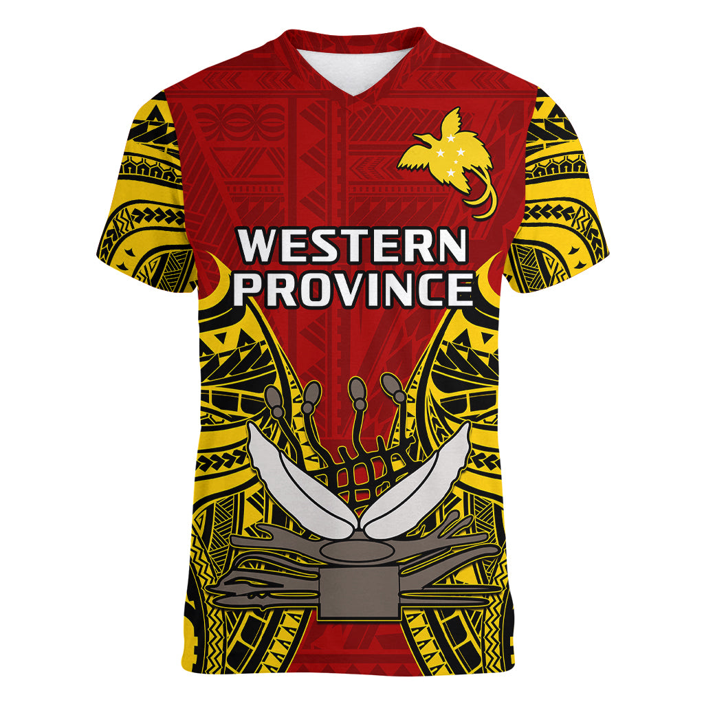 Papua New Guinea Women V Neck T Shirt Western Province Mix Coat Of Arms Polynesian Art - Wonder Print Shop
