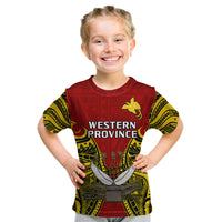 Kids red T-shirt with Western Province print, yellow/black sleeves and bird emblem