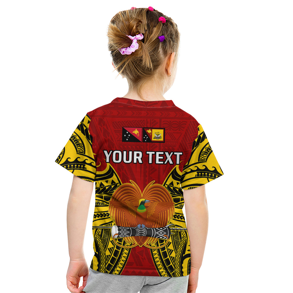 Kids red T-shirt back with YOUR TEXT, coat of arms graphic and yellow/black sleeves