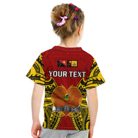 Kids red T-shirt back with YOUR TEXT, coat of arms graphic and yellow/black sleeves