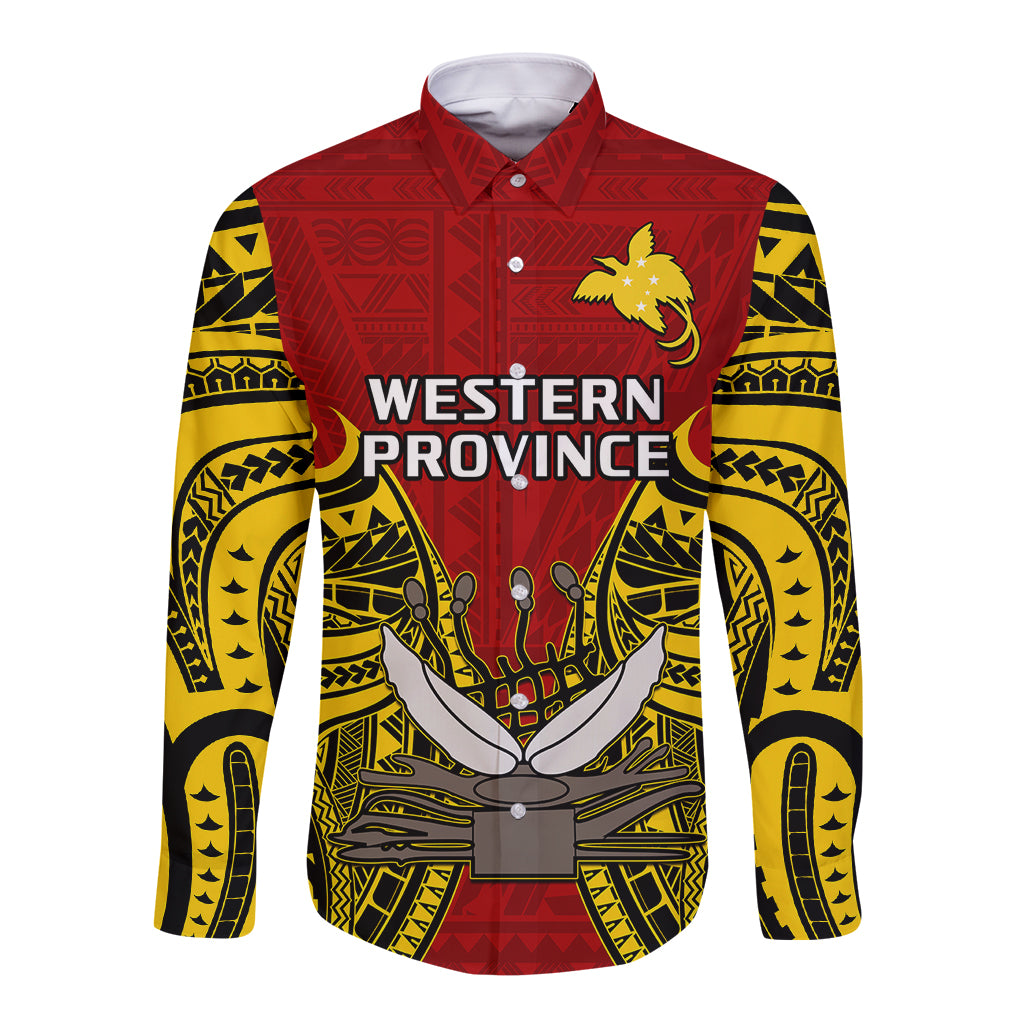 (Custom Personalised) Papua New Guinea Long Sleeve Button Shirt Western Province Mix Coat Of Arms Polynesian Art - Wonder Print Shop