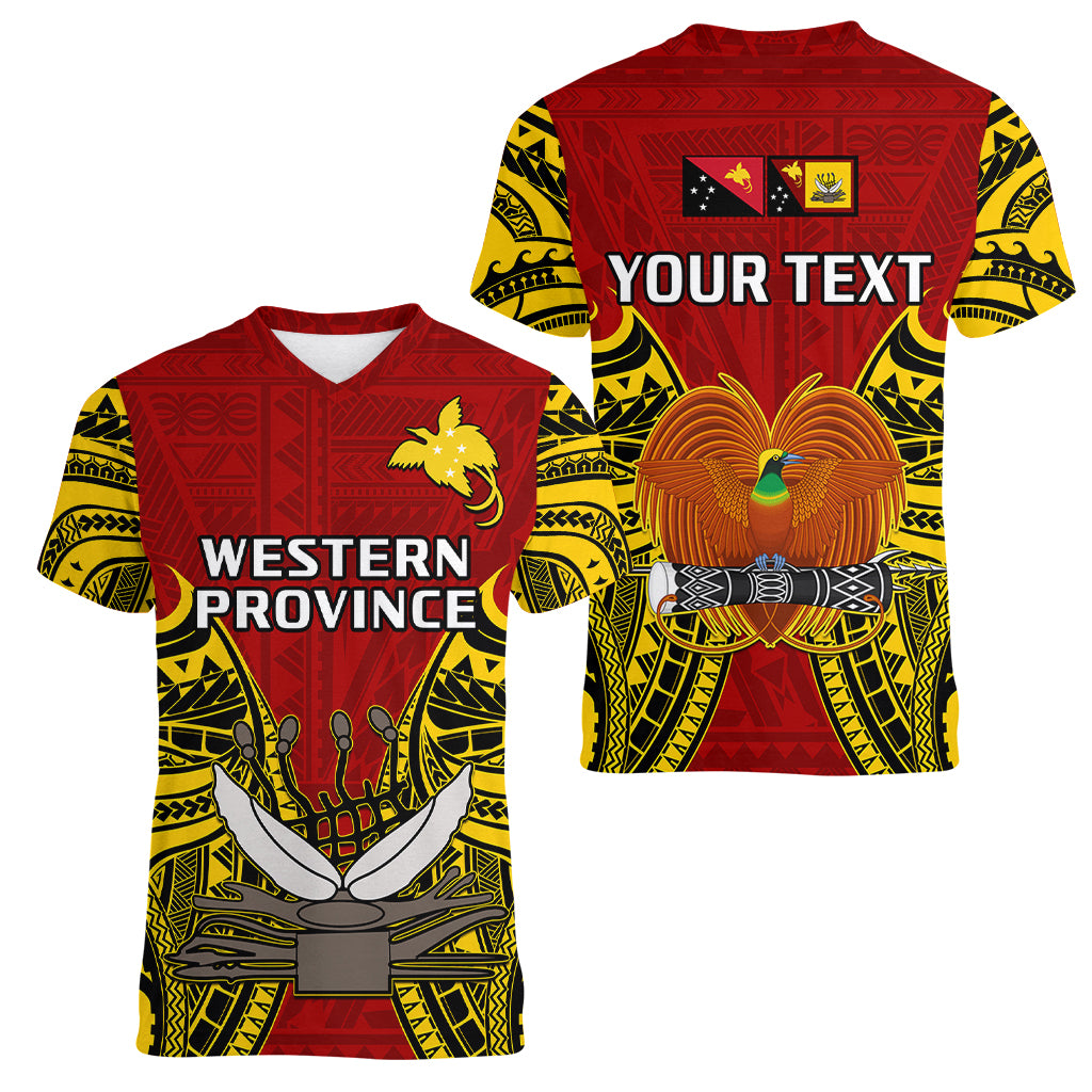 (Custom Personalised) Papua New Guinea Women V Neck T Shirt Western Province Mix Coat Of Arms Polynesian Art - Wonder Print Shop
