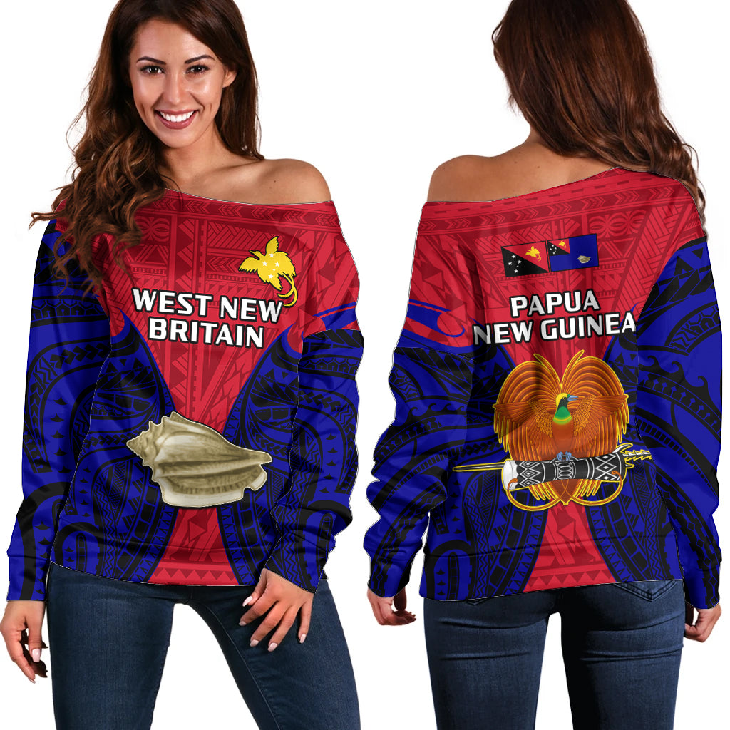Papua New Guinea Off Shoulder Sweater West New Britain Province Mix Coat Of Arms Polynesian Art - Wonder Print Shop