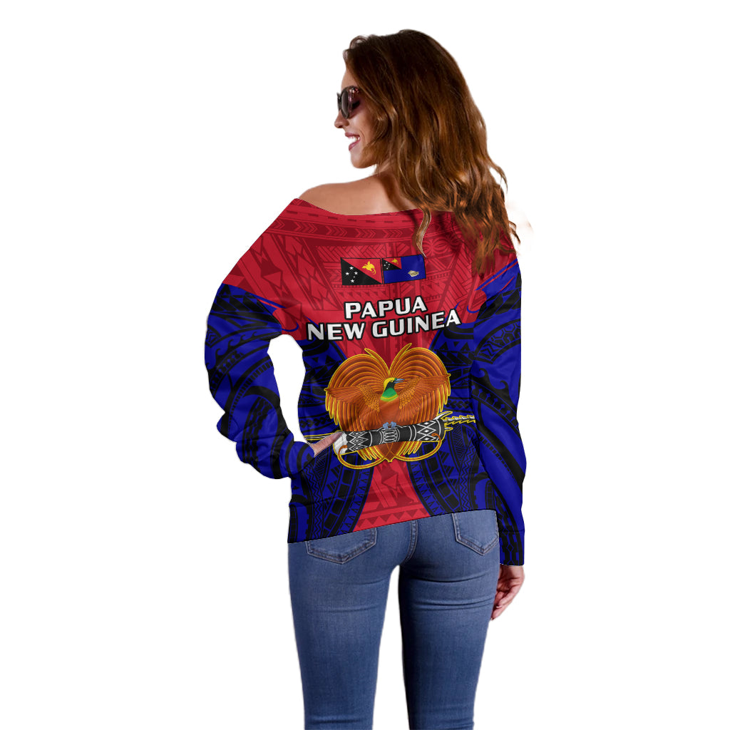 Papua New Guinea Off Shoulder Sweater West New Britain Province Mix Coat Of Arms Polynesian Art - Wonder Print Shop