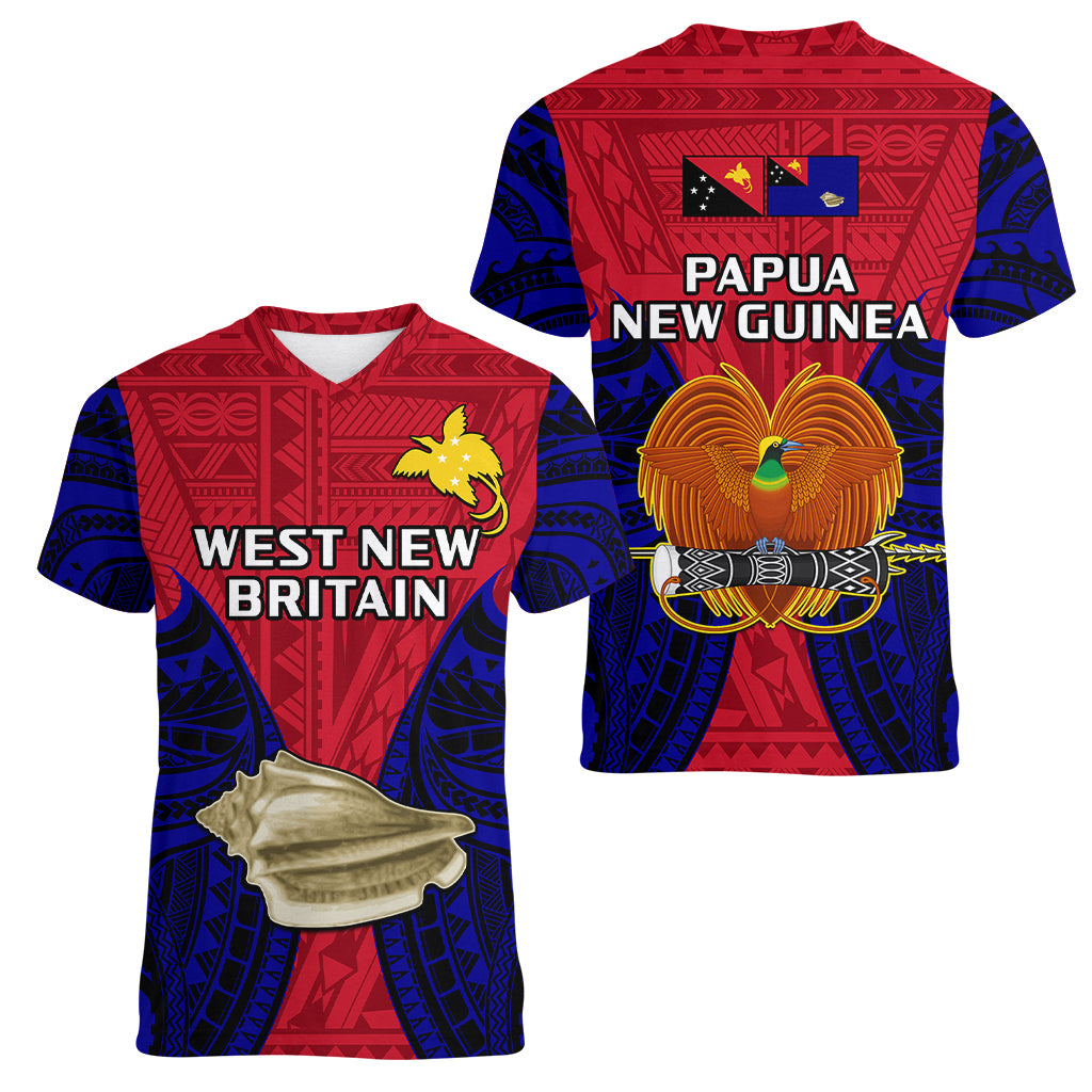 Papua New Guinea Women V Neck T Shirt West New Britain Province Mix Coat Of Arms Polynesian Art - Wonder Print Shop