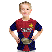 Kids graphic T-shirt, red/blue, with West New Britain text and yellow bird emblem