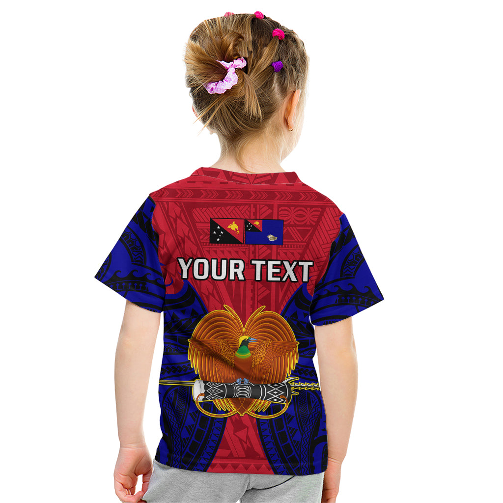 Kids graphic T-shirt, red/blue back print with 'YOUR TEXT' and golden bird crest