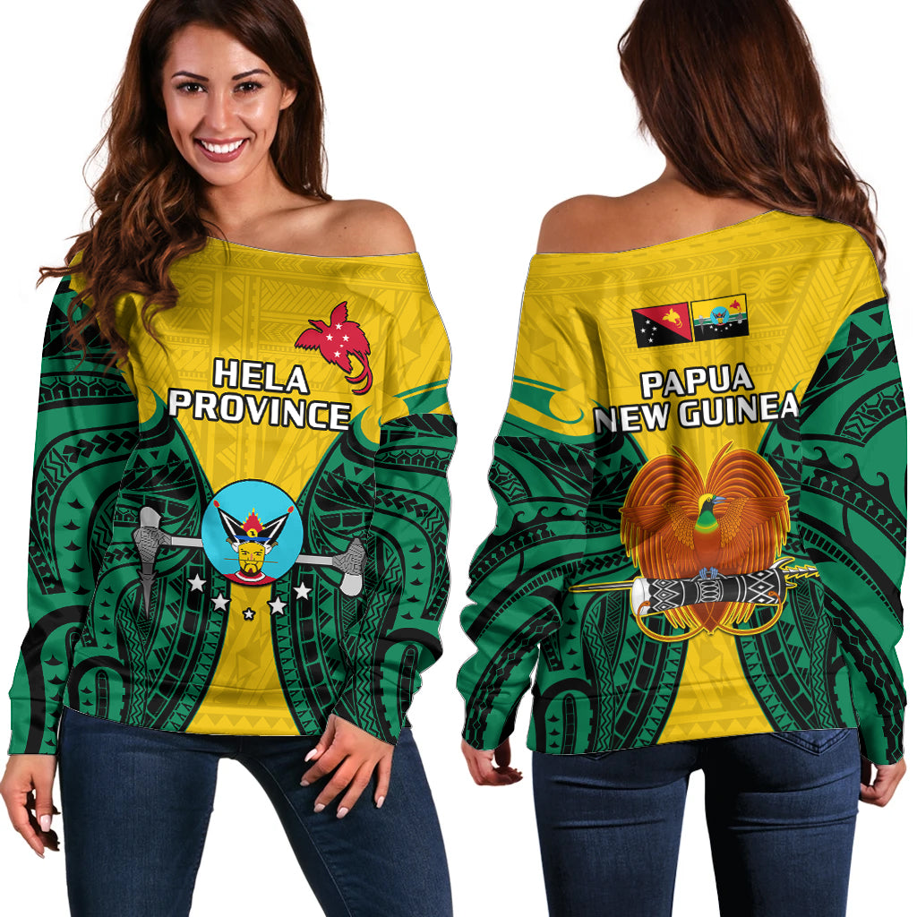 Papua New Guinea Off Shoulder Sweater Hela Province Mix Coat Of Arms Polynesian Art - Wonder Print Shop