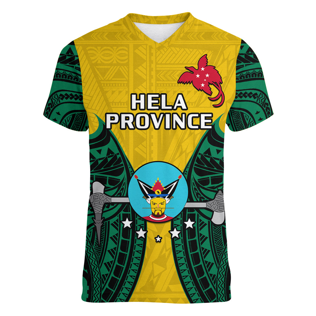 Papua New Guinea Women V Neck T Shirt Hela Province Mix Coat Of Arms Polynesian Art - Wonder Print Shop