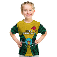 Kids' t-shirt with green sleeves and yellow front, Hela Province crest and text.