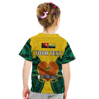 Kids' t-shirt back with green-and-yellow Polynesian design and "YOUR TEXT" panel.