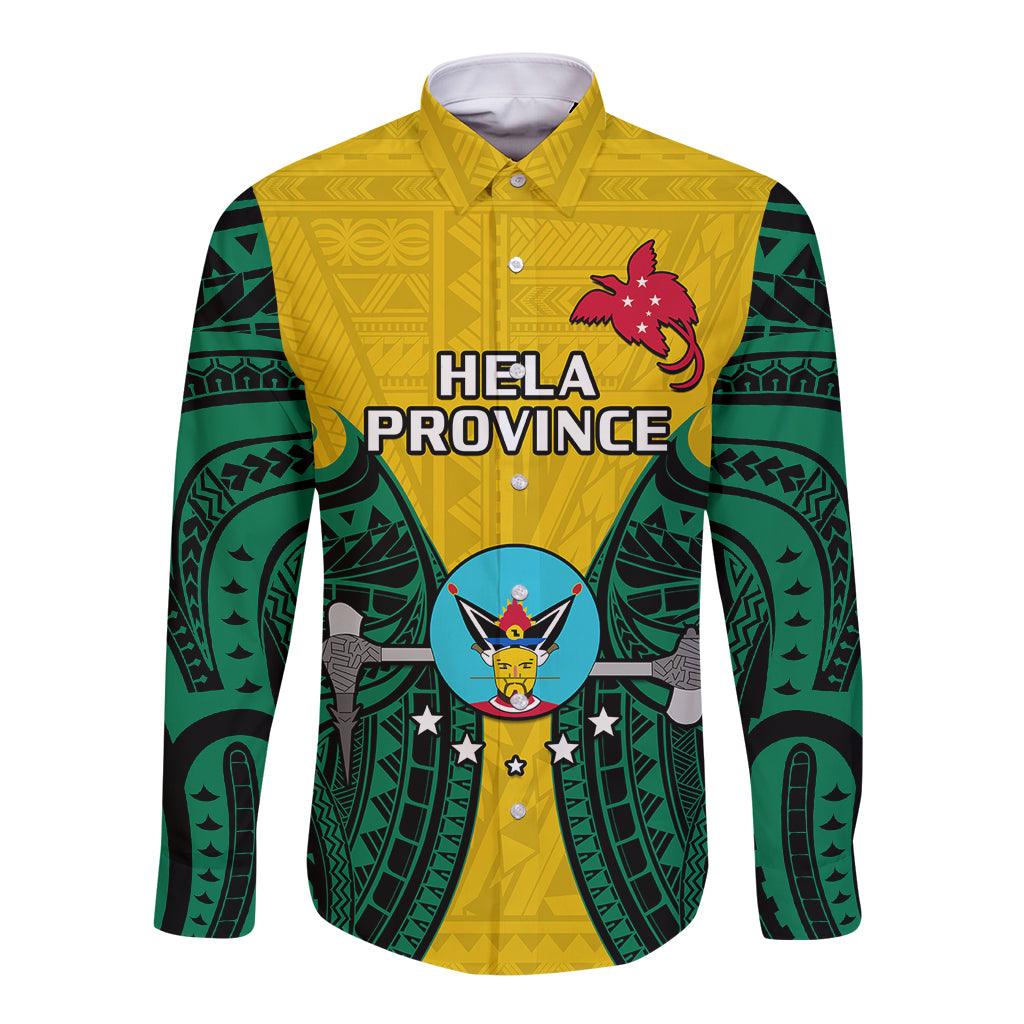 (Custom Personalised) Papua New Guinea Long Sleeve Button Shirt Hela Province Mix Coat Of Arms Polynesian Art - Wonder Print Shop
