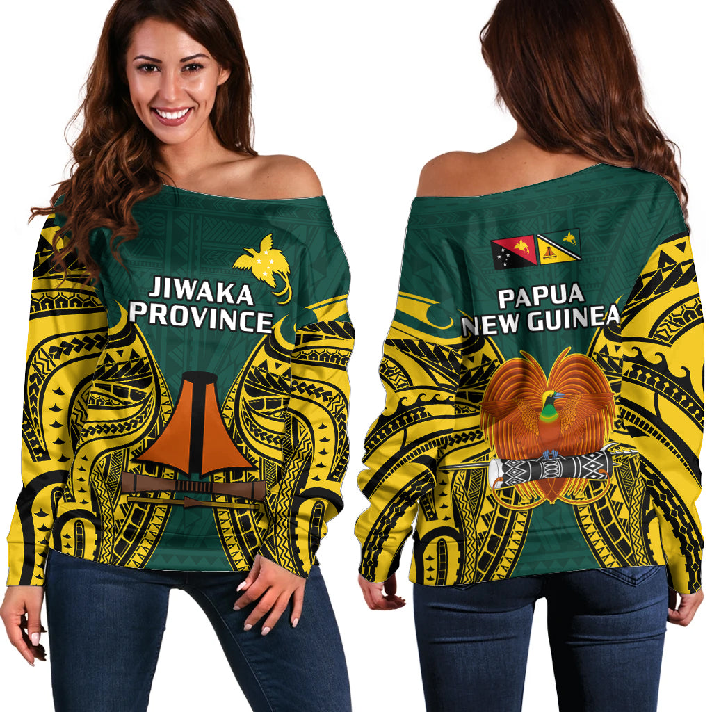 Papua New Guinea Off Shoulder Sweater Jiwaka Province Mix Coat Of Arms Polynesian Art - Wonder Print Shop