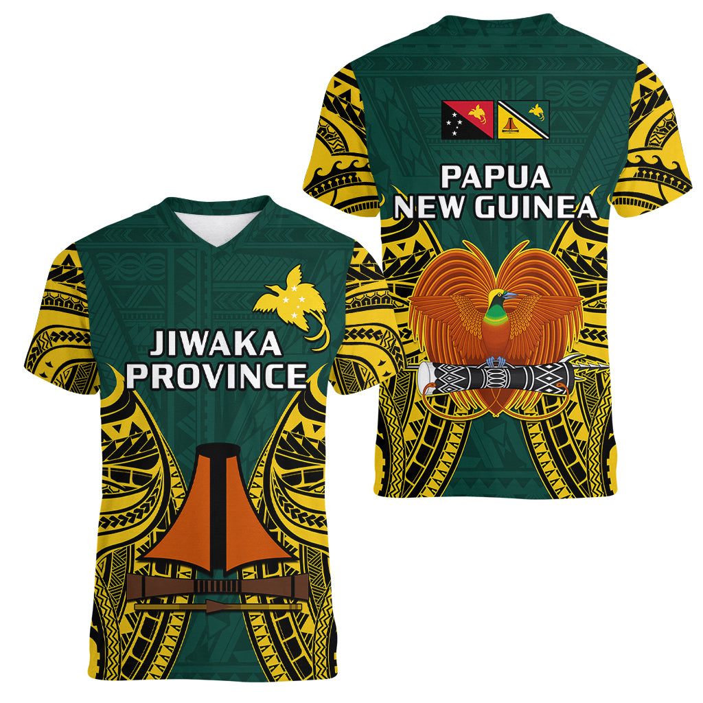 Papua New Guinea Women V Neck T Shirt Jiwaka Province Mix Coat Of Arms Polynesian Art - Wonder Print Shop