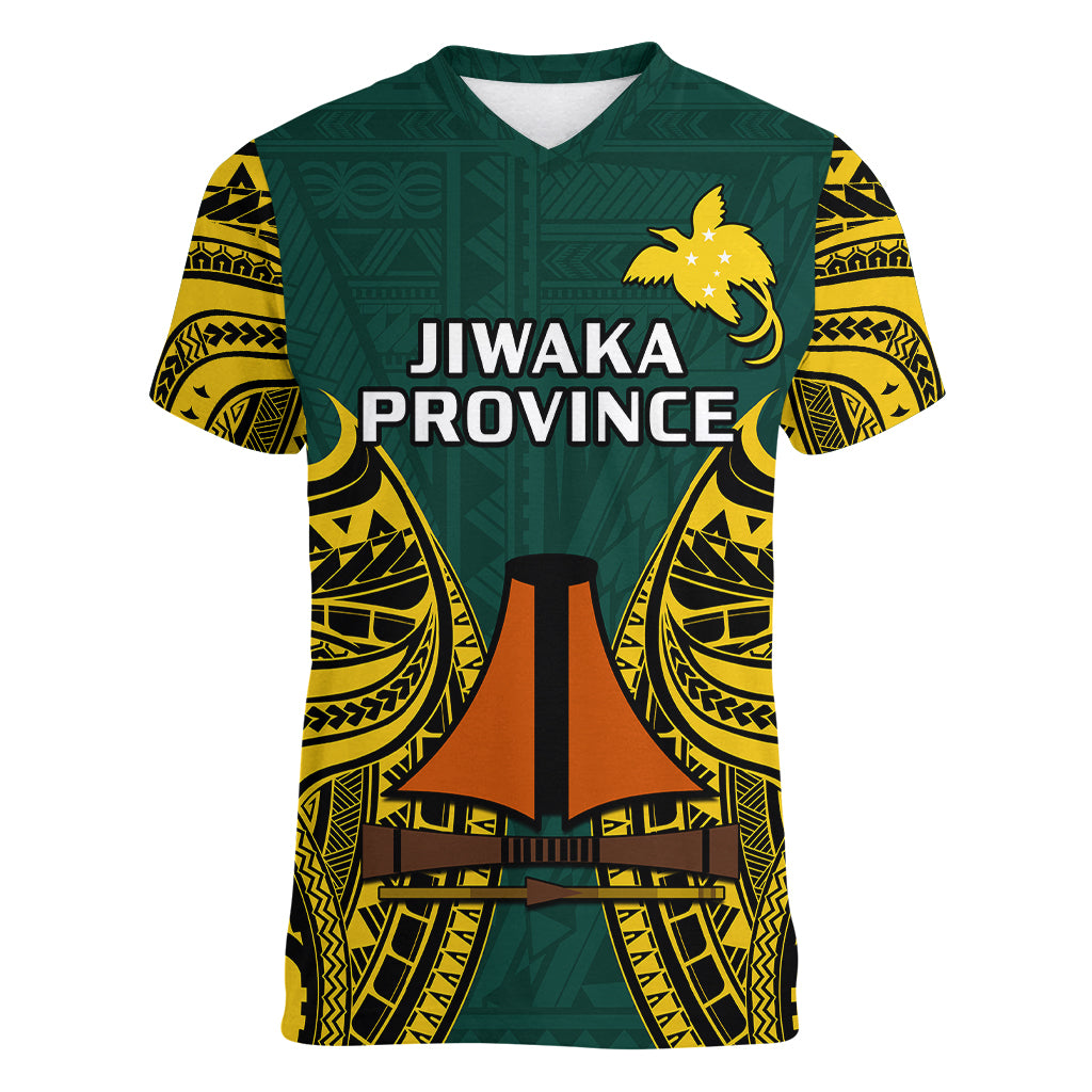 Papua New Guinea Women V Neck T Shirt Jiwaka Province Mix Coat Of Arms Polynesian Art - Wonder Print Shop
