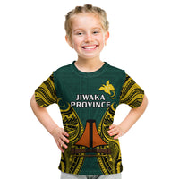Kids' dark green T-shirt with yellow Jiwaka Province emblem and tribal patterns