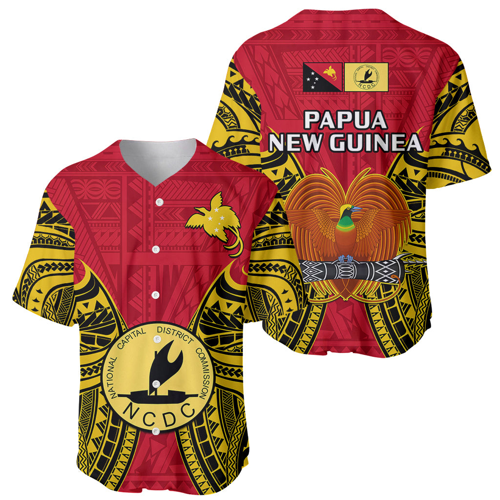 Papua New Guinea Baseball Jersey National Capital District Mix Coat Of Arms Polynesian Art - Wonder Print Shop