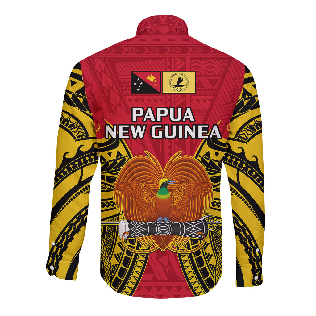 Papua New Guinea Long Sleeve Button Shirt National Capital District Mix Coat Of Arms Polynesian Art - Wonder Print Shop