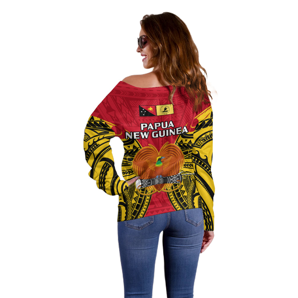Papua New Guinea Off Shoulder Sweater National Capital District Mix Coat Of Arms Polynesian Art - Wonder Print Shop