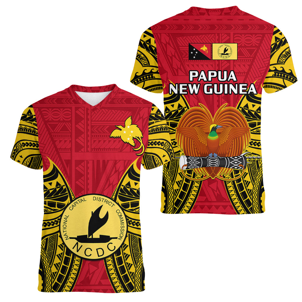 Papua New Guinea Women V Neck T Shirt National Capital District Mix Coat Of Arms Polynesian Art - Wonder Print Shop