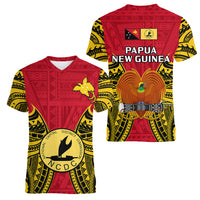 Papua New Guinea Women V Neck T Shirt National Capital District Mix Coat Of Arms Polynesian Art - Wonder Print Shop