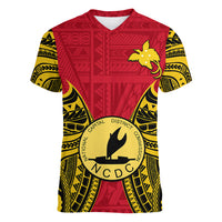 Papua New Guinea Women V Neck T Shirt National Capital District Mix Coat Of Arms Polynesian Art - Wonder Print Shop