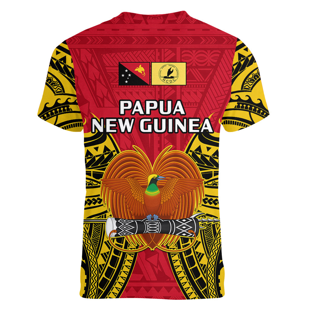 Papua New Guinea Women V Neck T Shirt National Capital District Mix Coat Of Arms Polynesian Art - Wonder Print Shop