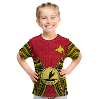 Kids red and yellow graphic t-shirt with shield emblem and tribal pattern front