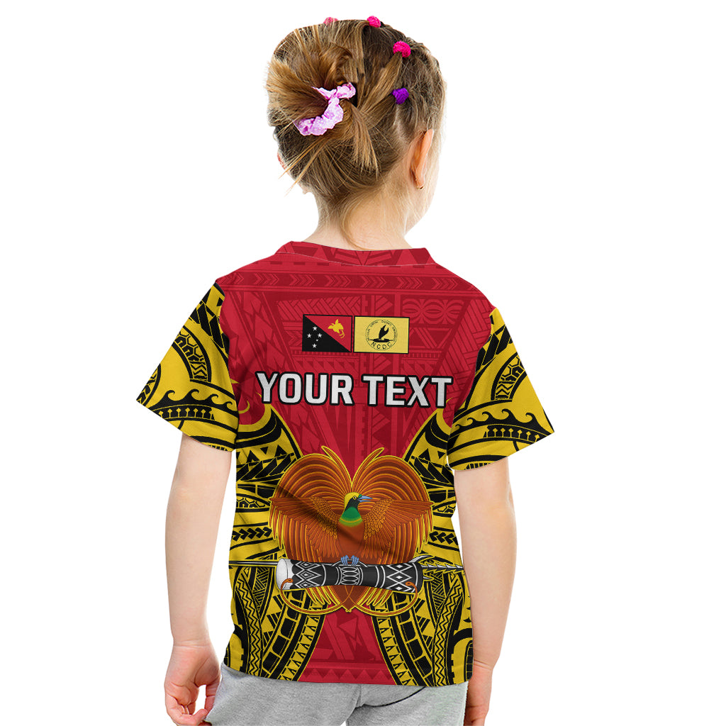 Kids red yellow graphic t-shirt back with eagle illustration and bold "YOUR TEXT"