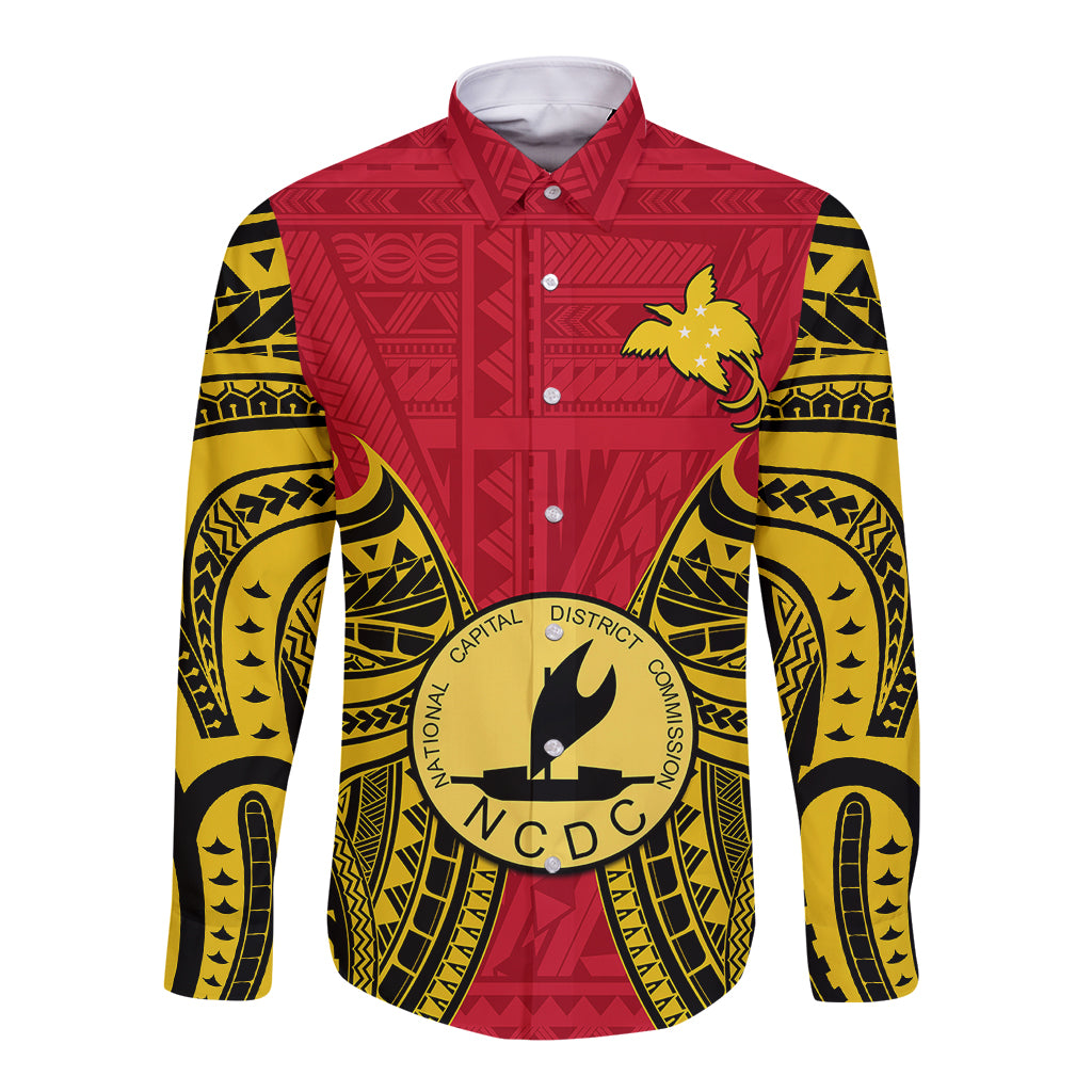 (Custom Personalised) Papua New Guinea Long Sleeve Button Shirt National Capital District Mix Coat Of Arms Polynesian Art - Wonder Print Shop