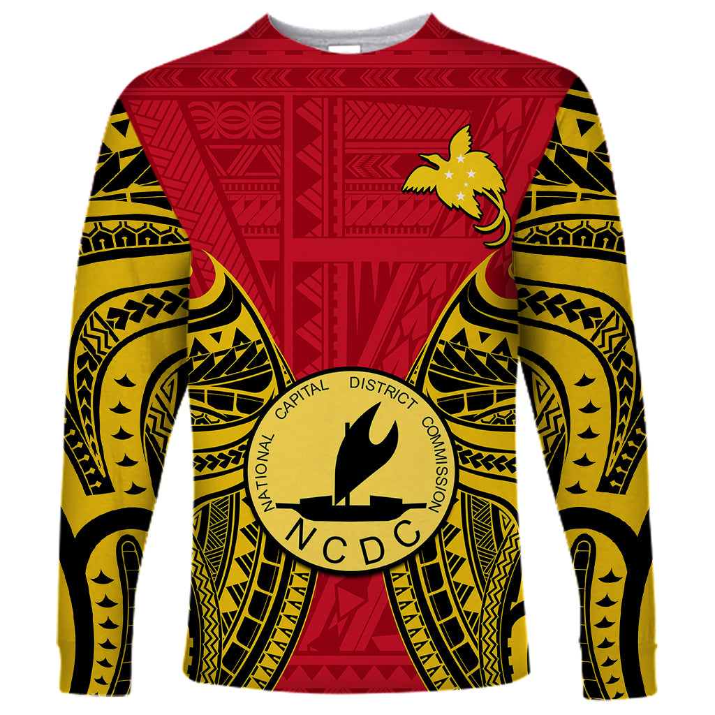 (Custom Personalised) Papua New Guinea Long Sleeve Shirt National Capital District Mix Coat Of Arms Polynesian Art - Wonder Print Shop