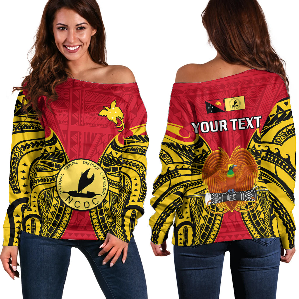 (Custom Personalised) Papua New Guinea Off Shoulder Sweater National Capital District Mix Coat Of Arms Polynesian Art - Wonder Print Shop